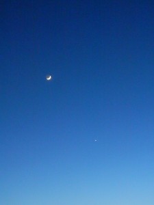 Crescent moon with Earthshine, Venus and Mars below right
