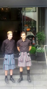Doormen wearing utility kilts, G&V Hotel